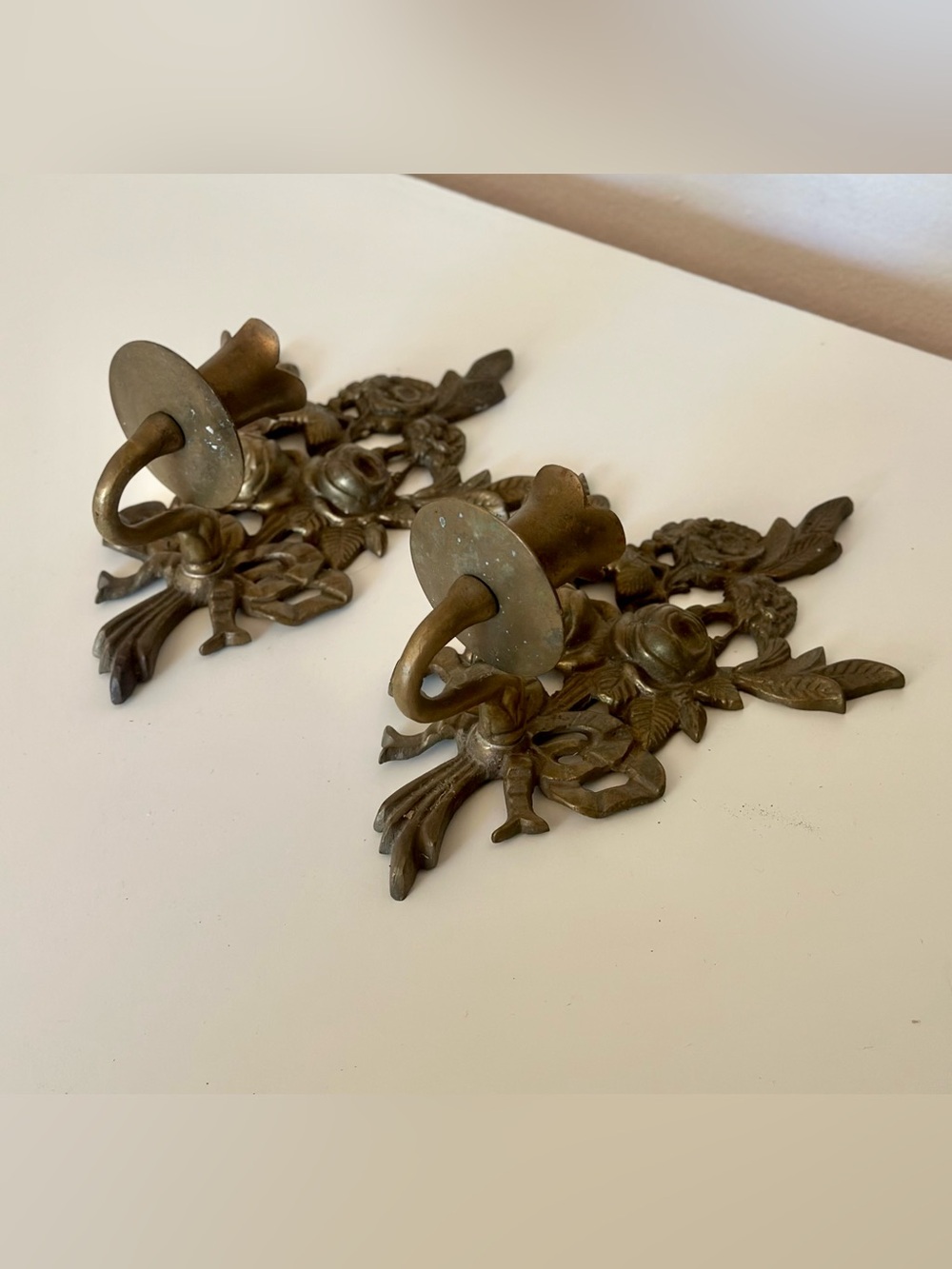 Vintage Ornate Solid Brass Wall Candle Sconces Ribbon Rose Floral Pair